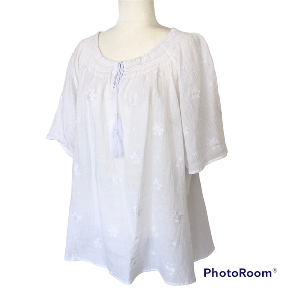 White 100% Cotton Embroidered Tassel Tie Neck Top Tunic Women’s Size XL - Picture 1 of 10